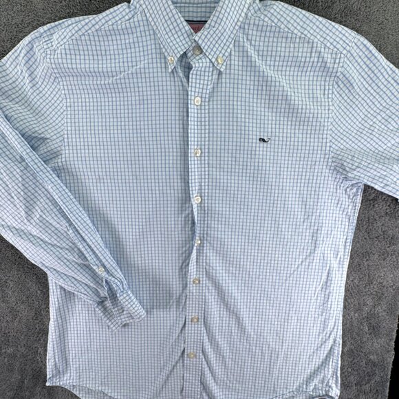 Vineyard Vines Long Sleeve Button Up Mens Slim Fit Whale Shirt Blue Check Large - Picture 2 of 16